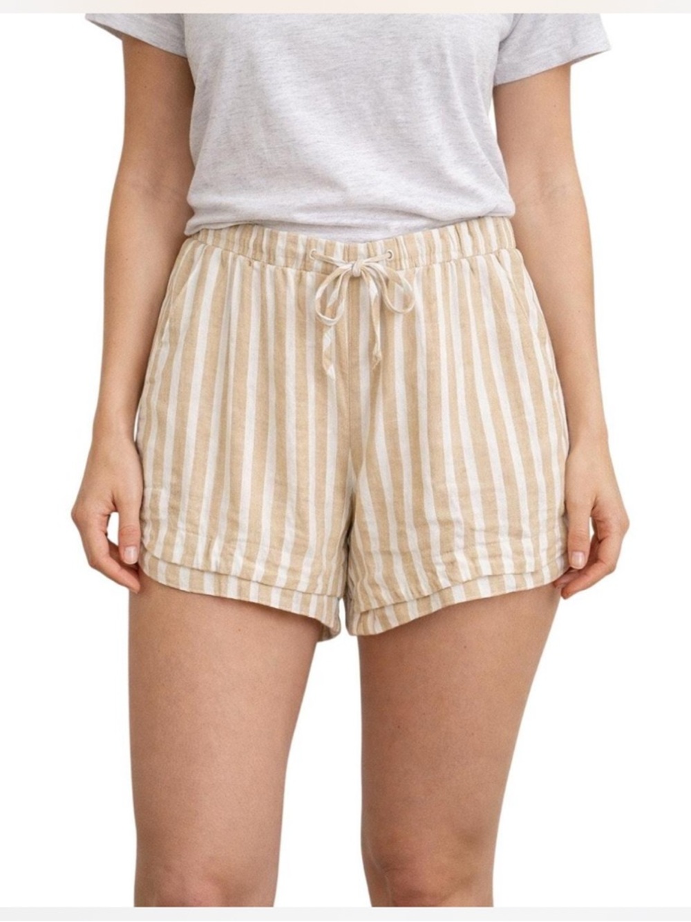 Universal Thread Beige and White Striped Linen Blend High-Waist Shorts Size L
